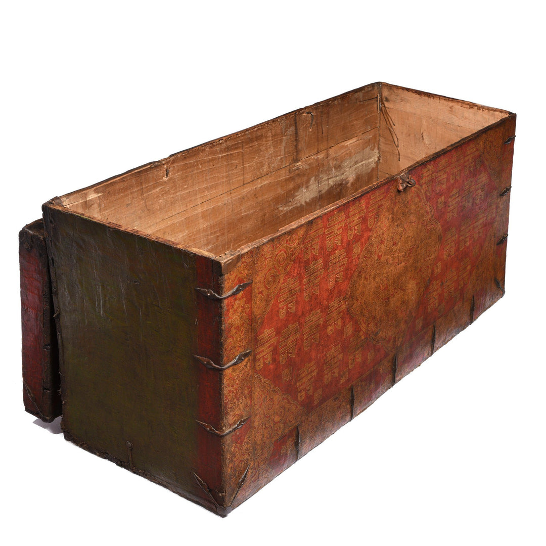 Antique Gilt Painted Tibetan Dragon & Shou Chest - 18thC | Indigo Antiques