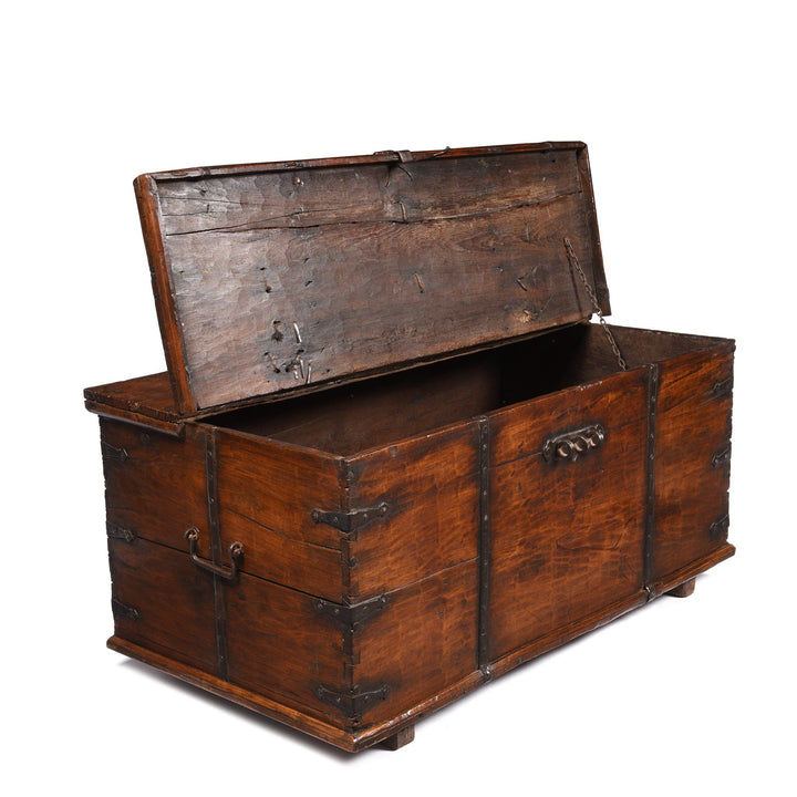Lid Open View Of Iron Bound Teak Chest - 19thC - From Gujarat | Indigo Antiques