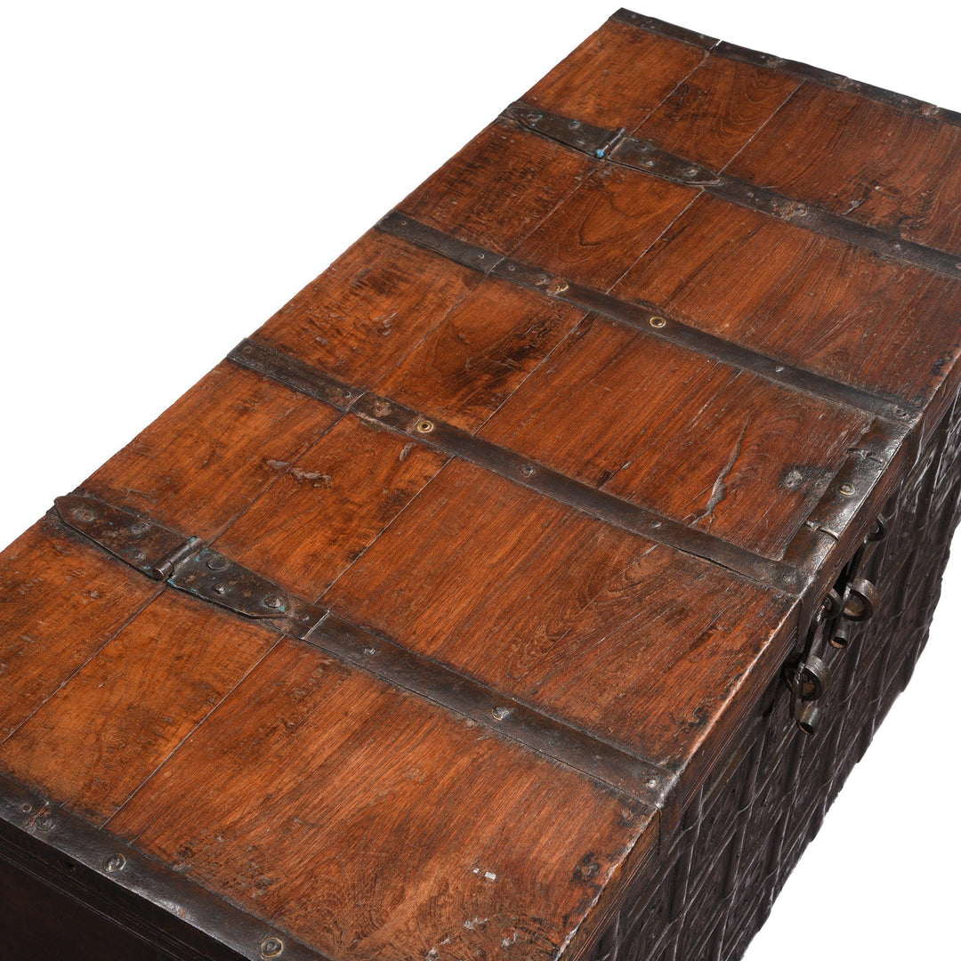 Top Detail Of Iron Bound Teak Chest - 19thC - From Gujarat | Indigo Antiques