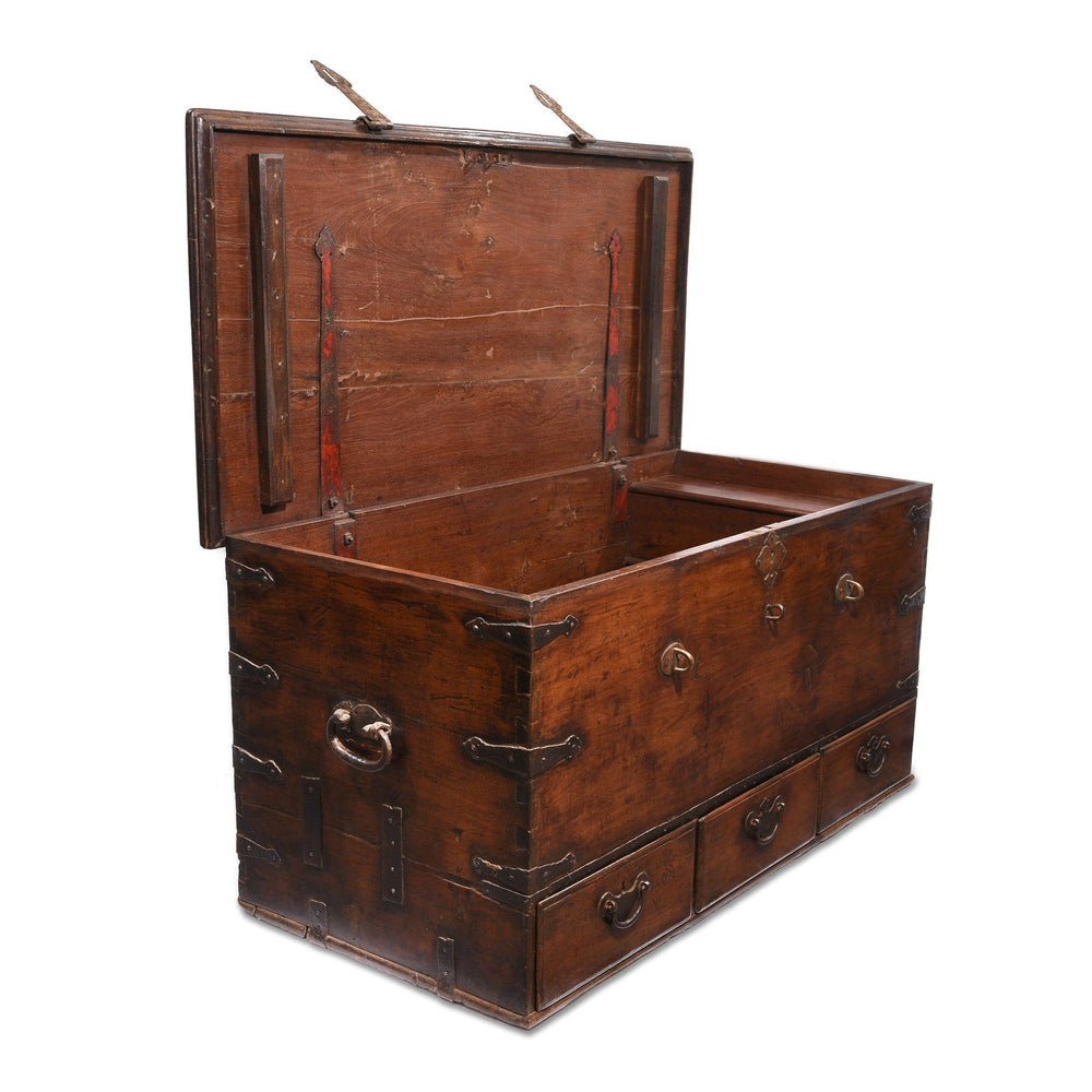 Open Detail from a Antique Indian Iron Bound Teak Chest from Saurashtra - 19thC | Indigo Oriental Antiques