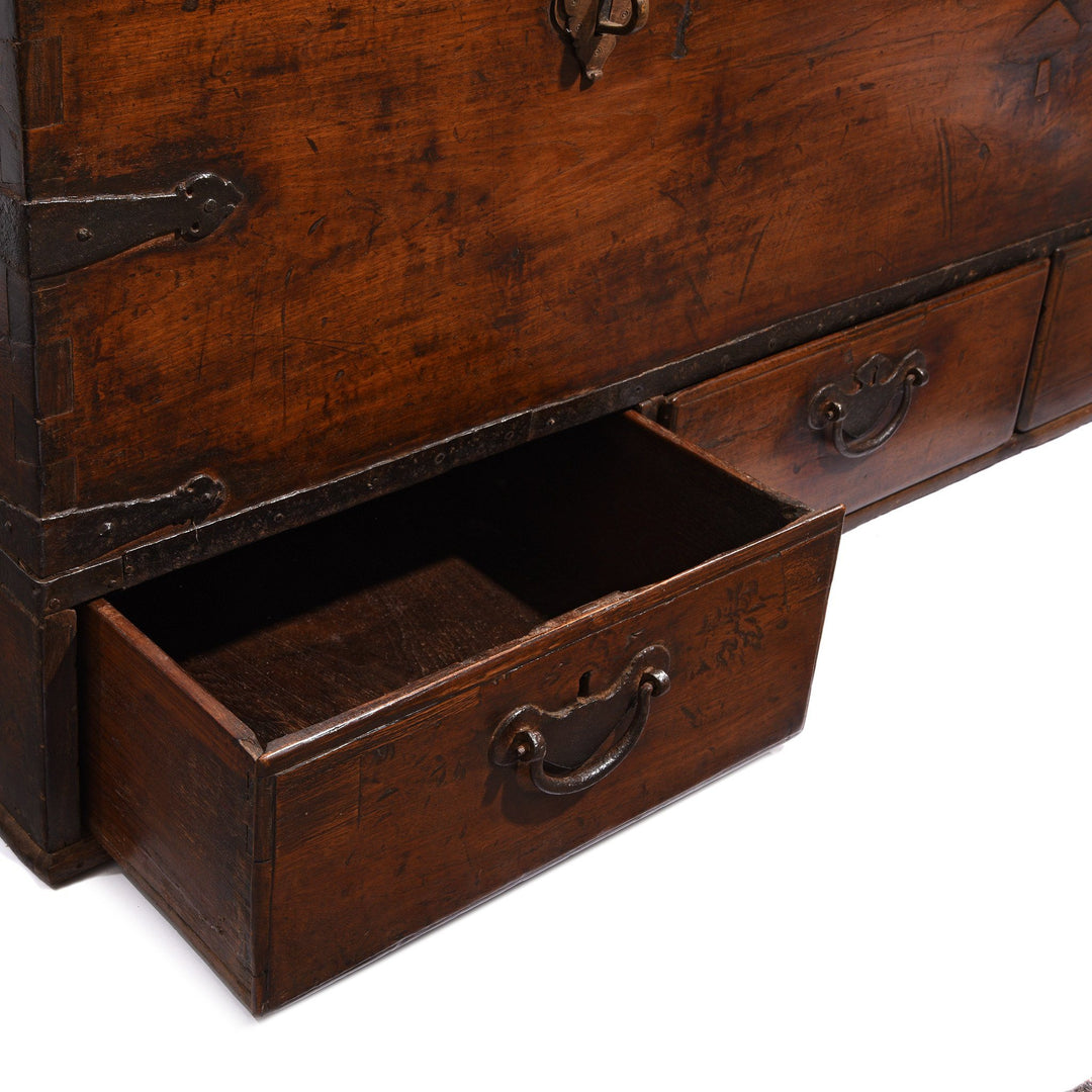 Drawer detail from an Antique Indian Iron Bound Teak Chest from Saurashtra - 19thC | Indigo Oriental Antiques