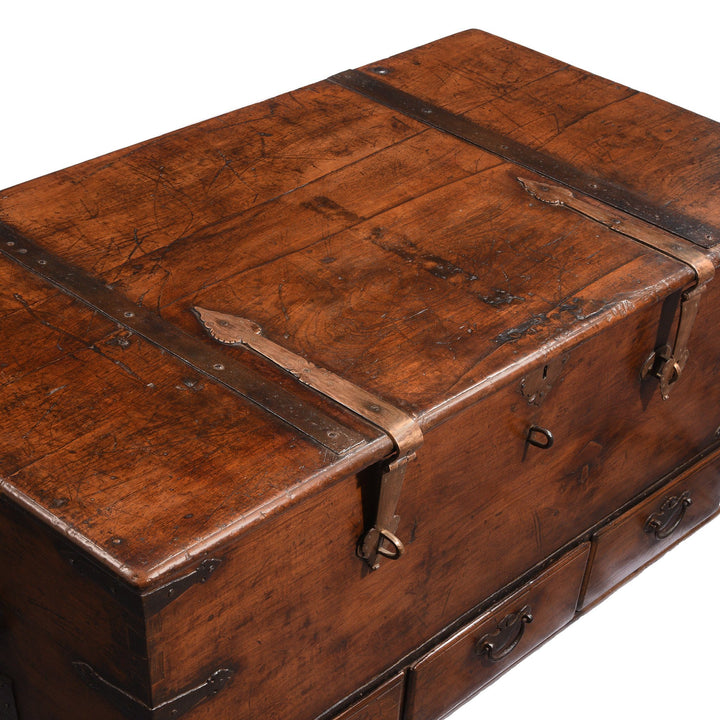 Top detail from an Antique Indian Iron Bound Teak Chest from Saurashtra - 19thC | Indigo Oriental Antiques