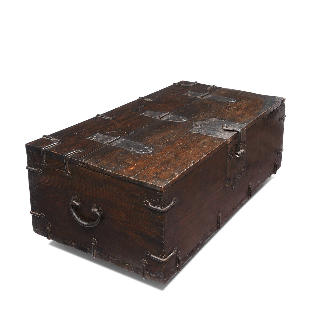 Side detail from an Antique Korean Wooden Coin Chest With Iron Hardware | Indigo Antiques
