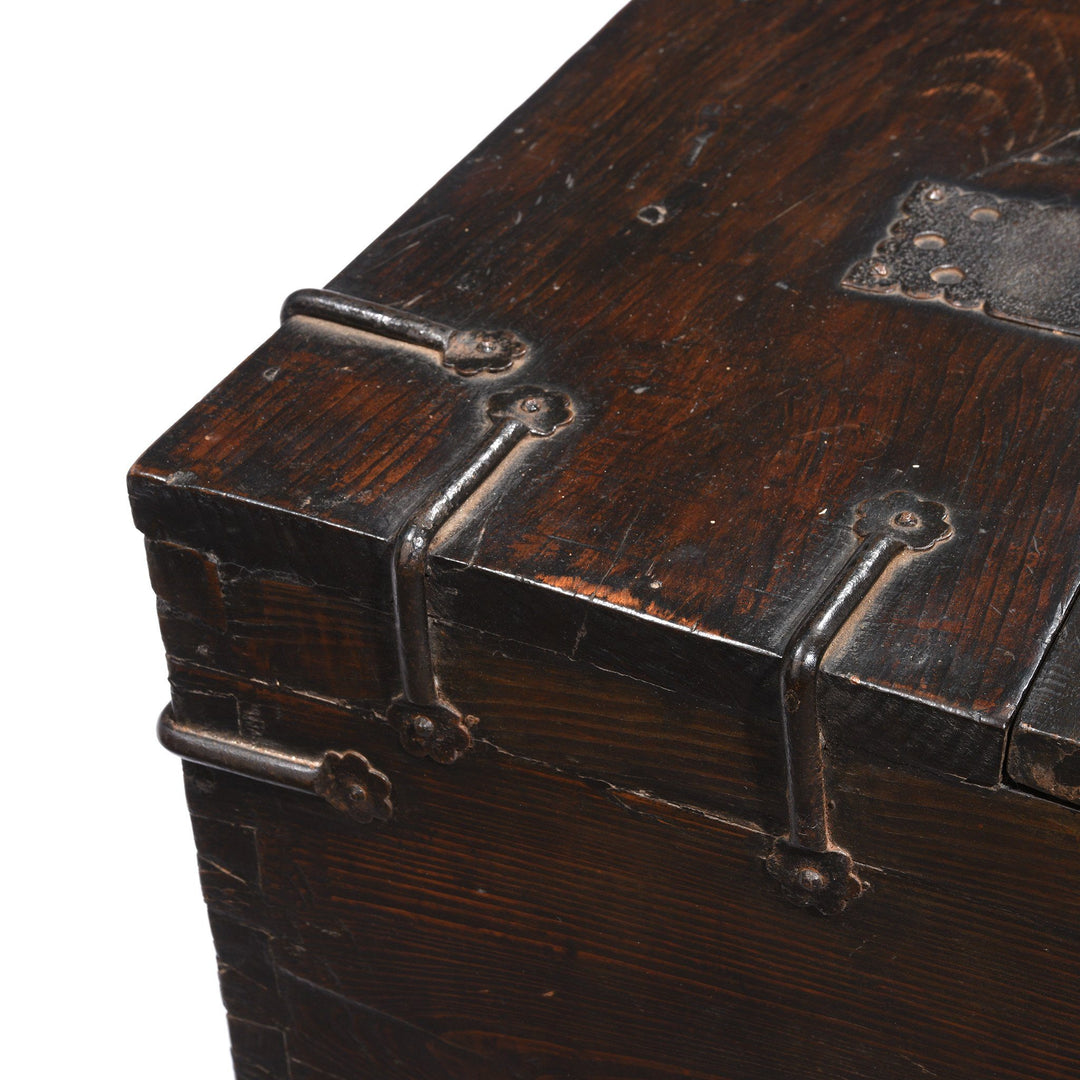 Corner Detail from an Antique Korean Wooden Coin Chest With Iron Hardware | Indigo Antiques