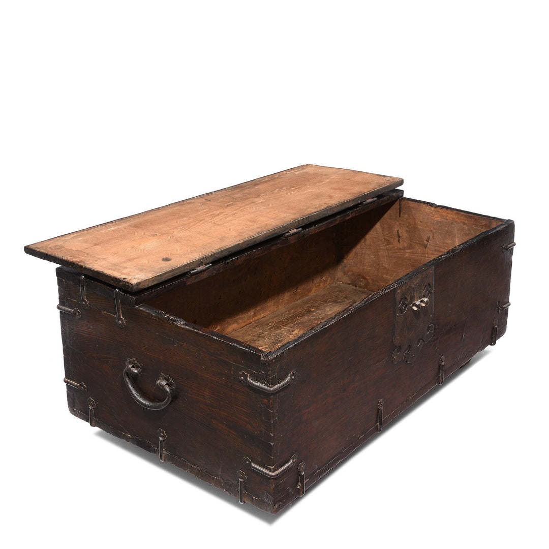 Open Detail from an Antique Korean Wooden Coin Chest With Iron Hardware | Indigo Antiques