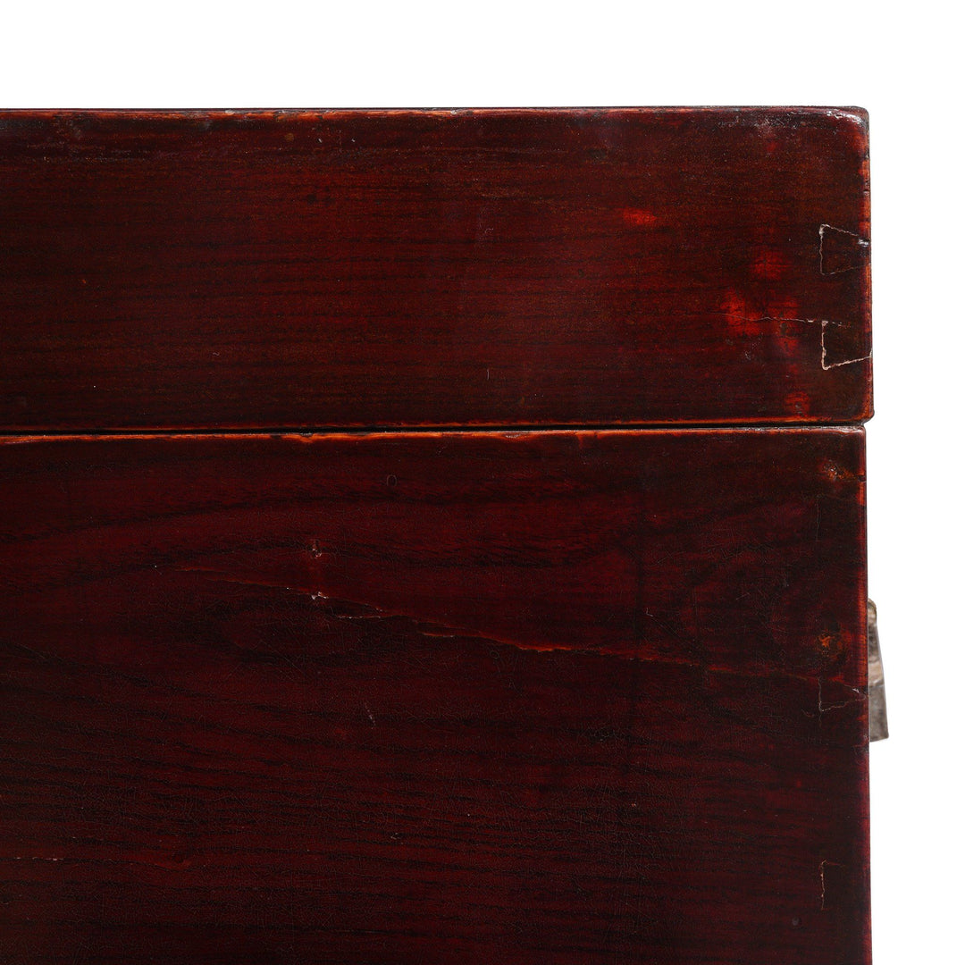 Corner Detail Of Large Burgundy Lacquer Chinese Chest - 19thC | Indigo Antiques
