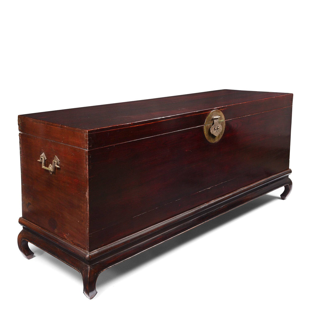 Angled View Of Large Burgundy Lacquer Chinese Chest - 19thC | Indigo Antiques