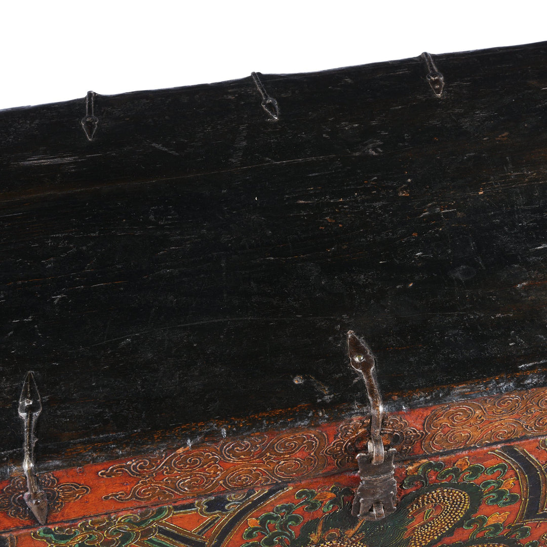 Top detail of an Old Painted Tibetan Dragon Chest With Later Painting - 19th Century | Indigo Antiques