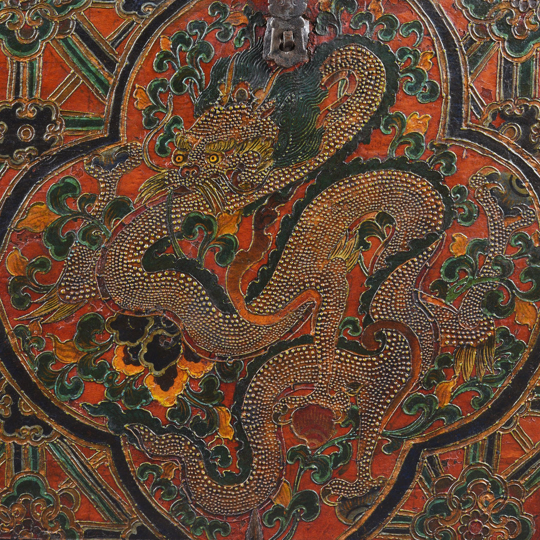 Front detail of an Side detail of an Old Painted Tibetan Dragon Chest With Later Painting - 19th Century | Indigo Antiques