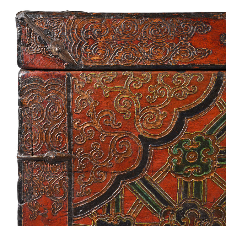 Painting detail of an Old Painted Tibetan Dragon Chest With Later Painting - 19th Century | Indigo Antiques