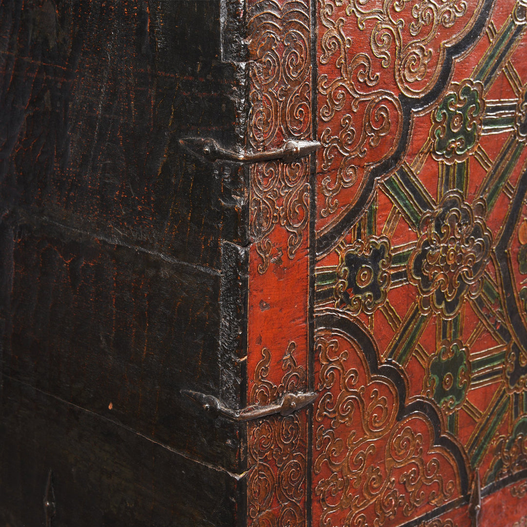 Painting detail of an Old Painted Tibetan Dragon Chest With Later Painting - 19th Century | Indigo Antiques