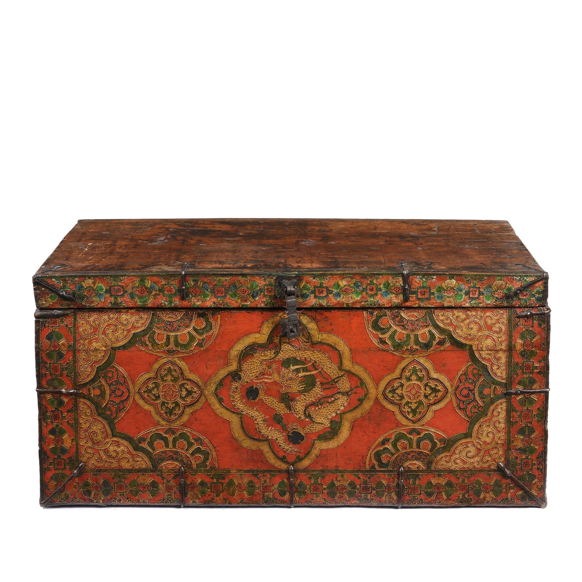 An antique Tibetan Dragon Chest Bound with Iron and covered in Double Dorje & Cloud Symbols | Indigo Antiques