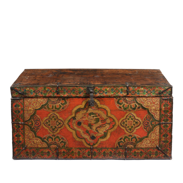 Old Painted Tibetan Dragon Chest - 19thC