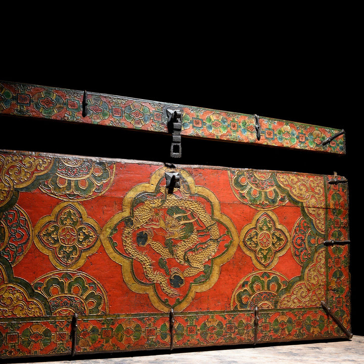 An antique Tibetan Dragon Chest Bound with Iron and covered in Double Dorje & Cloud Symbols | Indigo Antiques