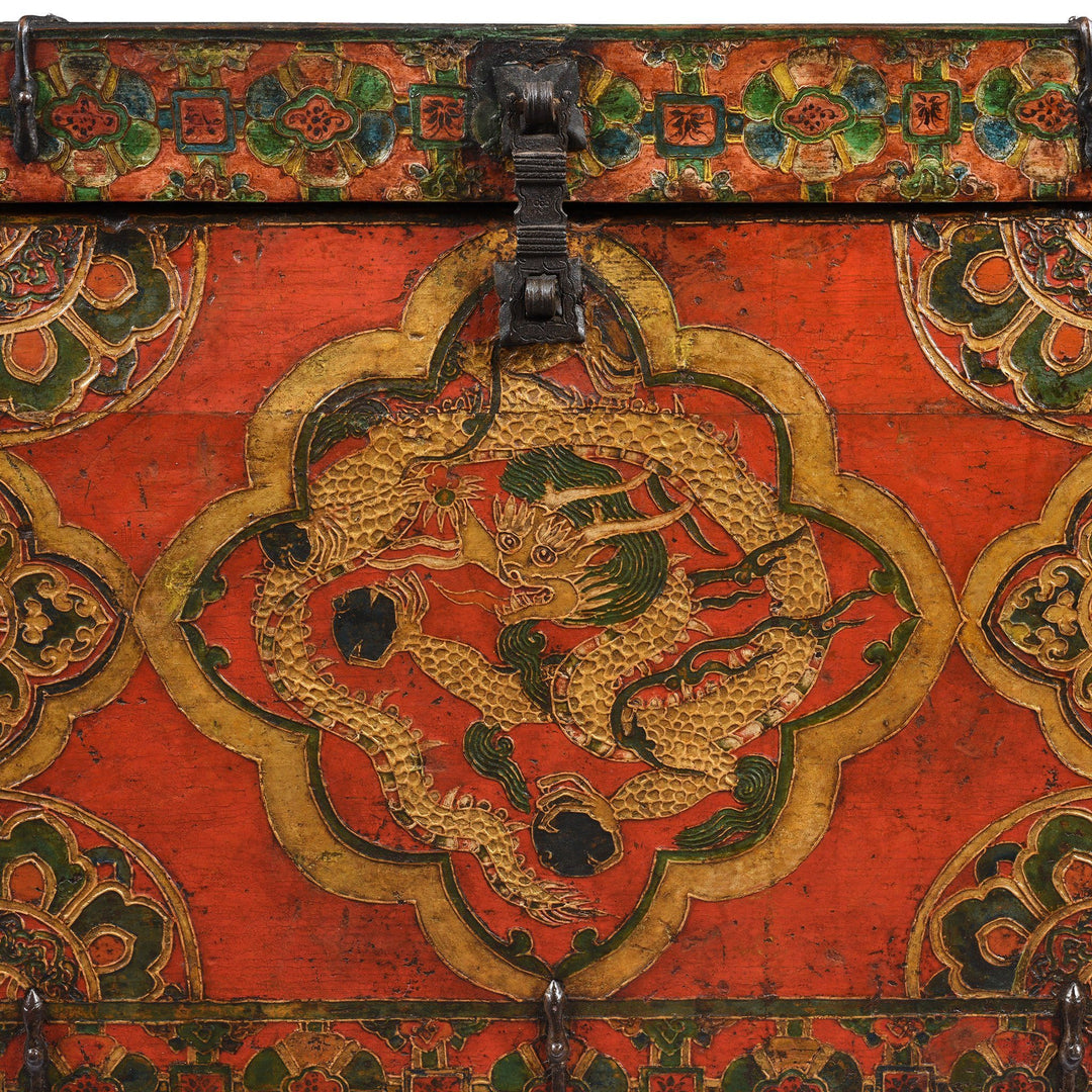 Dragon Detail from an Antique Painted Tibetan Dragon & Double Dorje Chest - 19thC | Indigo Antiques