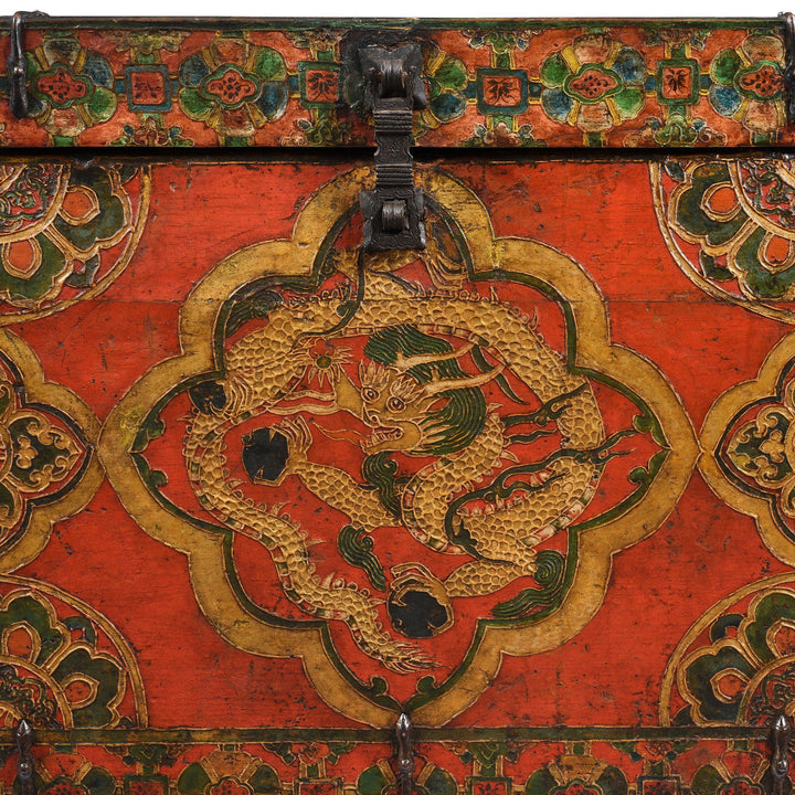 Dragon Detail from an Antique Painted Tibetan Dragon & Double Dorje Chest - 19thC | Indigo Antiques