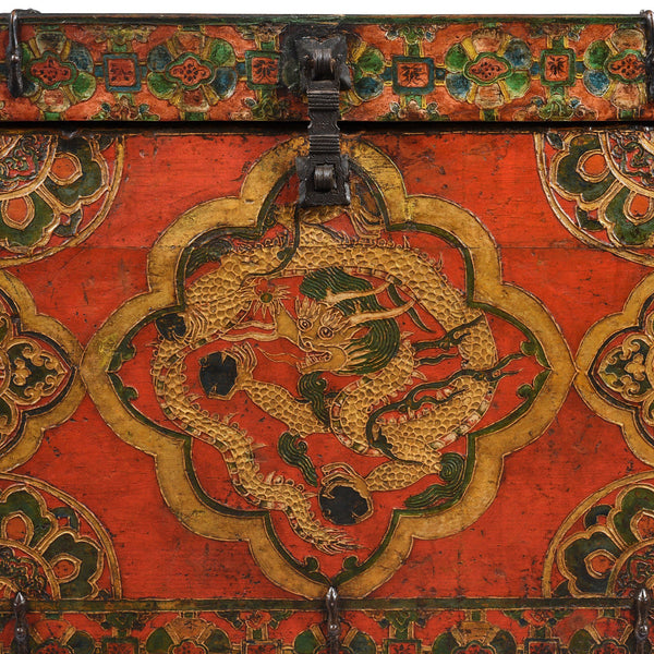 Old Painted Tibetan Dragon Chest - 19thC