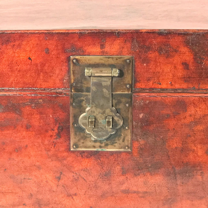 Detail of a brass ruyi hasp from an antique Chinese leather trunk from Shanxi