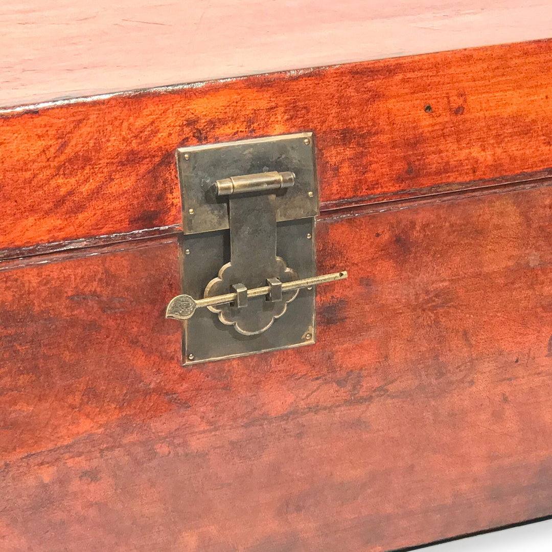 Detail of a brass ruyi hasp from an antique Chinese leather trunk from Shanxi (including the locking pin)