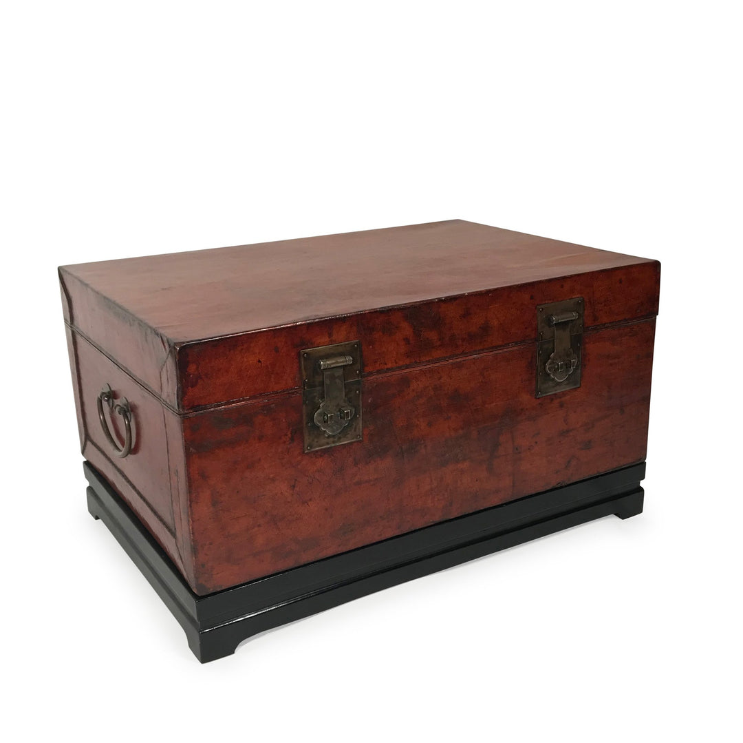 Tan Leather Trunk - 19thC on Later Stand - 83 x 57 x 45cms (wxdxh) - M354