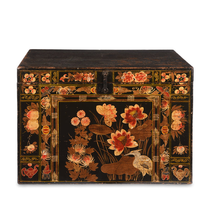 Painted Antique Chinese Opera Chest From Shanxi with scenes of flowers and cranes | Indigo Antiques