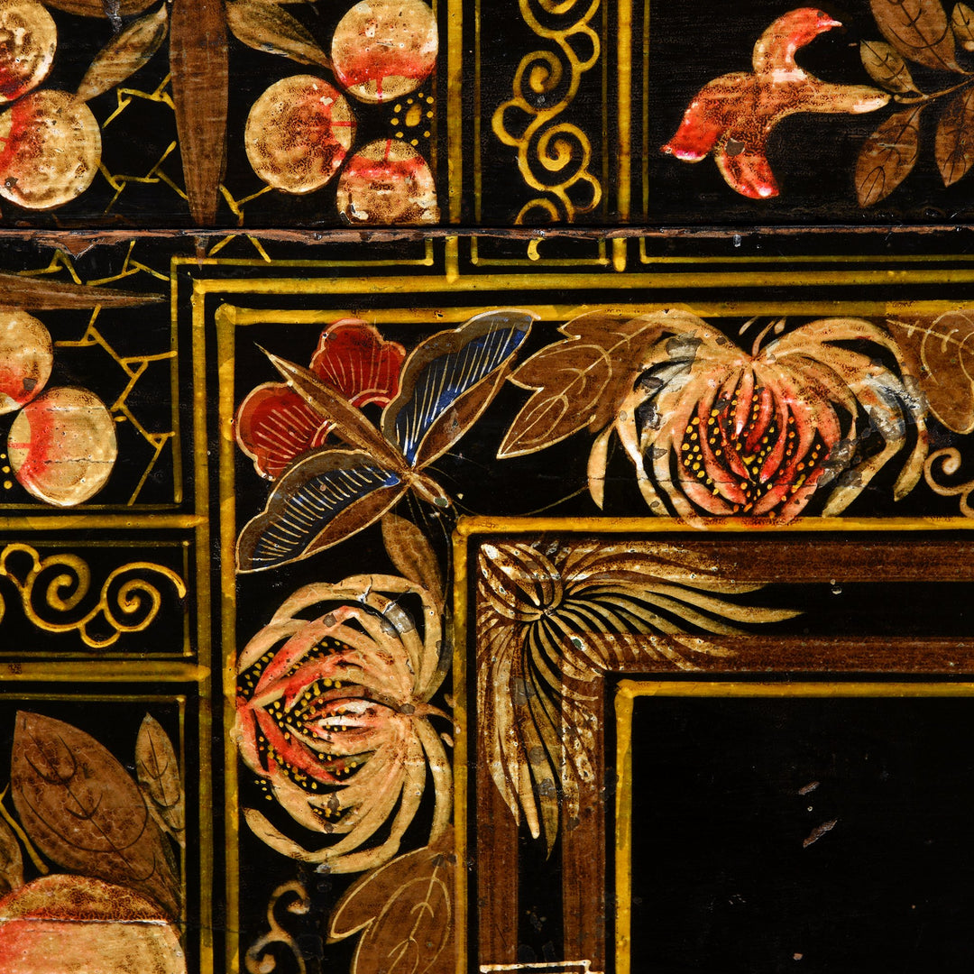 Butterfly Detail of a Painted Antique Chinese Opera Chest From Shanxi with scenes of flowers and cranes | Indigo Antiques