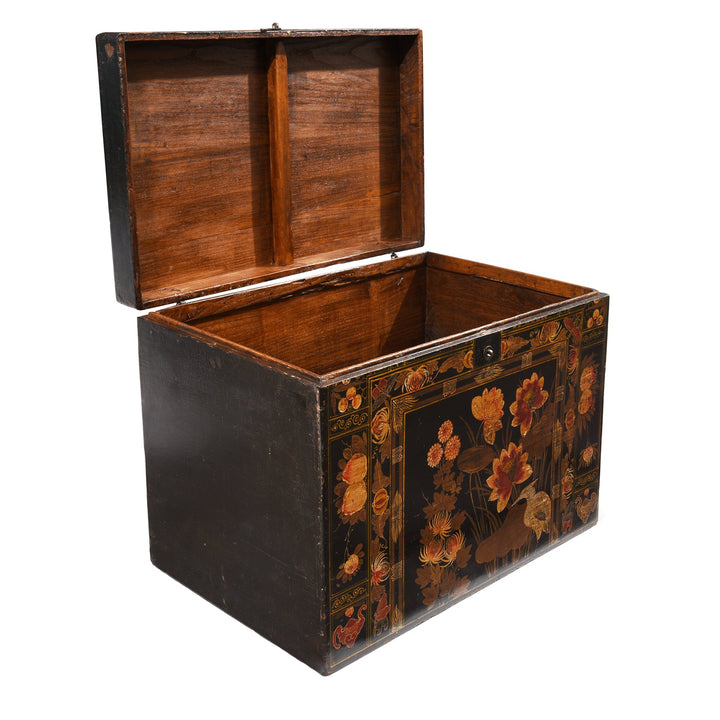 Painted Antique Chinese Opera Chest From Shanxi with scenes of flowers and cranes | Indigo Antiques