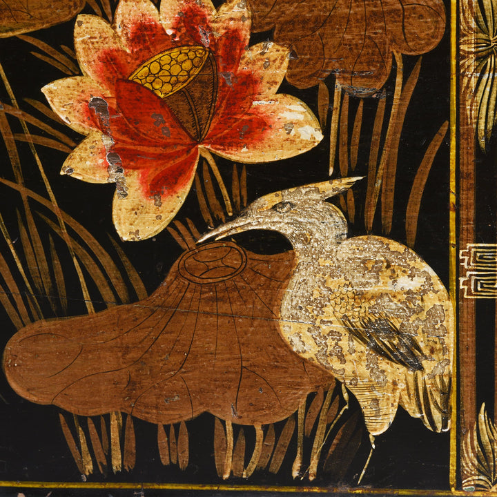 Crane detail of a Painted Antique Chinese Opera Chest From Shanxi with scenes of flowers and cranes | Indigo Antiques