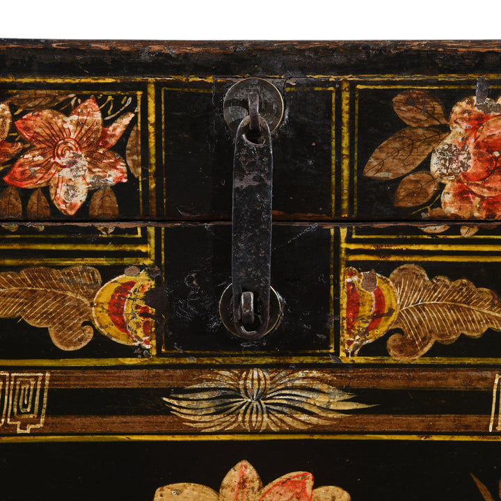 Lock detail of a Painted Antique Chinese Opera Chest From Shanxi with scenes of flowers and cranes | Indigo Antiques