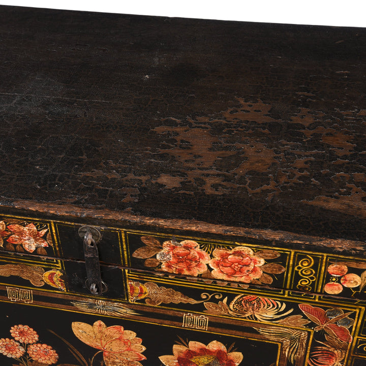Painted Antique Chinese Opera Chest From Shanxi with scenes of flowers and cranes | Indigo Antiques