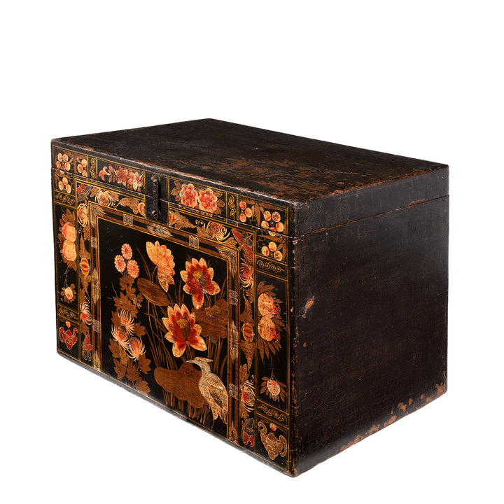 Painted Antique Chinese Opera Chest From Shanxi with scenes of flowers and cranes | Indigo Antiques