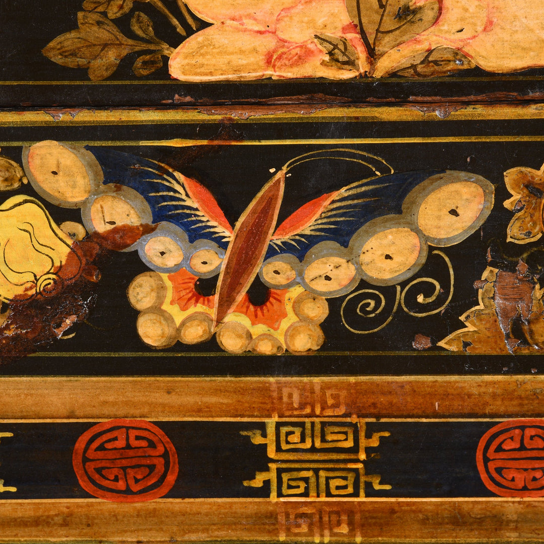 Floral detail of a Painted Chinese Opera Chest from Shanxi - 19thC | Indigo Oriental Antiques