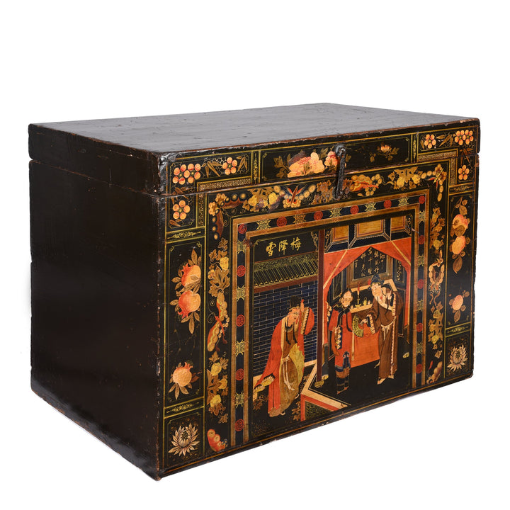 Side detail of a Painted Chinese Opera Chest from Shanxi - 19thC | Indigo Oriental Antiques
