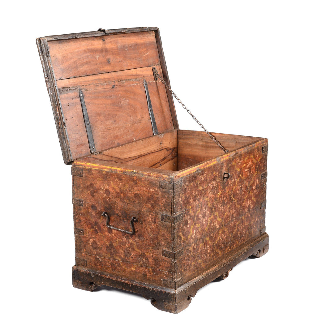 Open Lid Of Painted Teak Chest From Nagaur - 19thC | Indigo Antiques