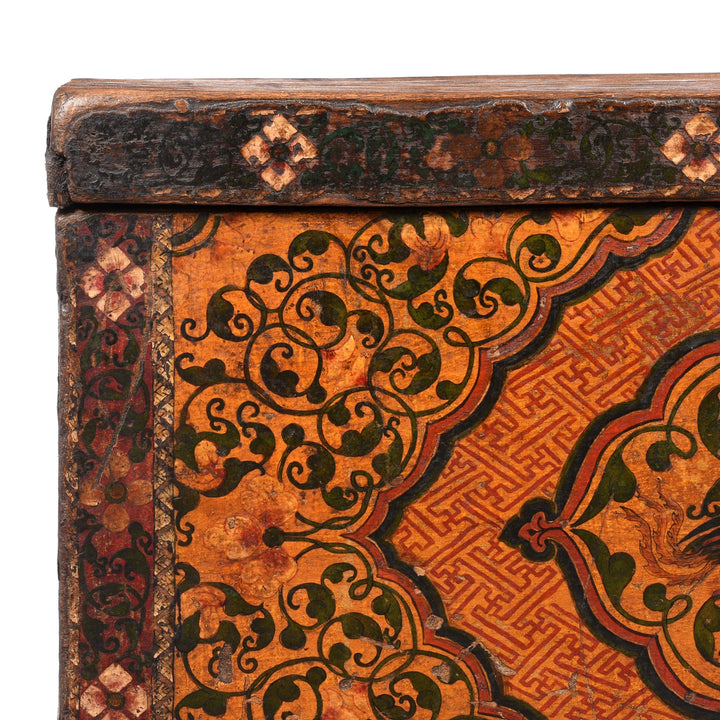 Corner Detail Of Painted Tibetan 'Floral' Storage Chest - 18thC | Indigo Antiques
