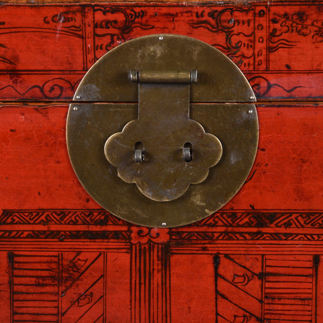 Brass lock plate detail of a Red Lacquer Chinese Chest From Gansu - 19thC | Indigo Antiques
