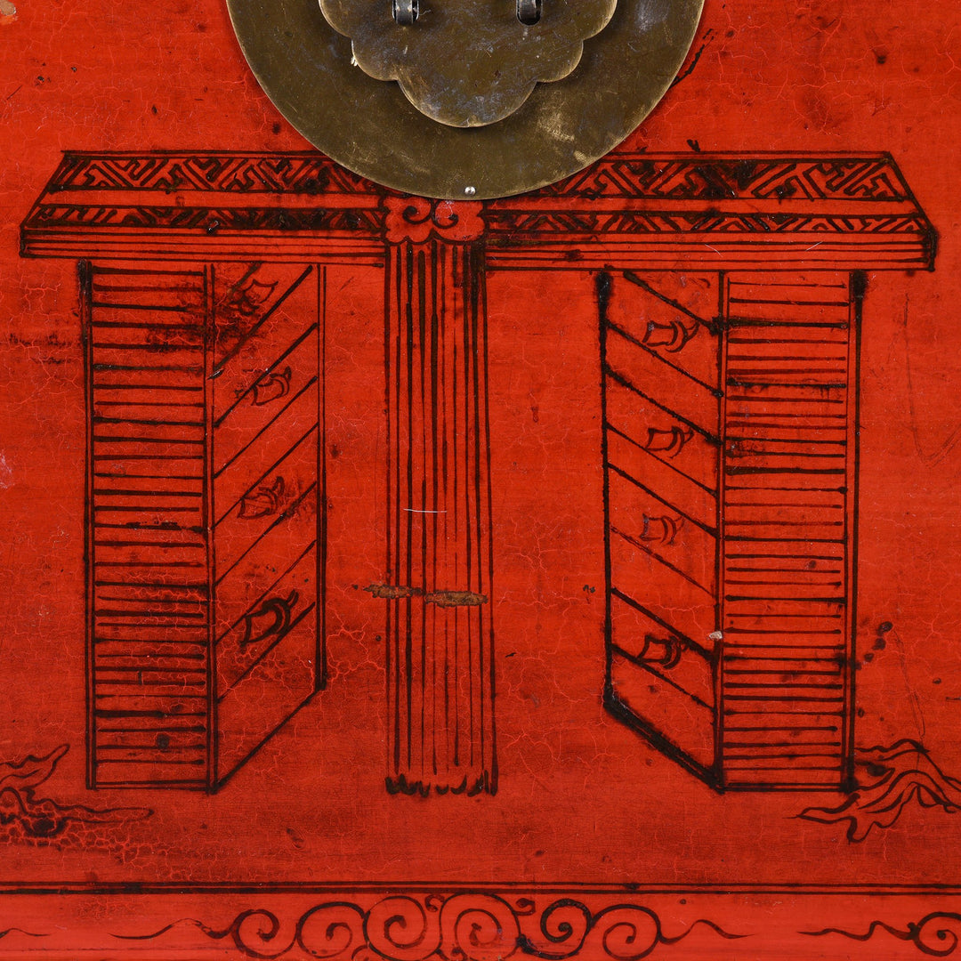 Pagoda detail of a Red Lacquer Chinese Chest From Gansu - 19thC | Indigo Antiques