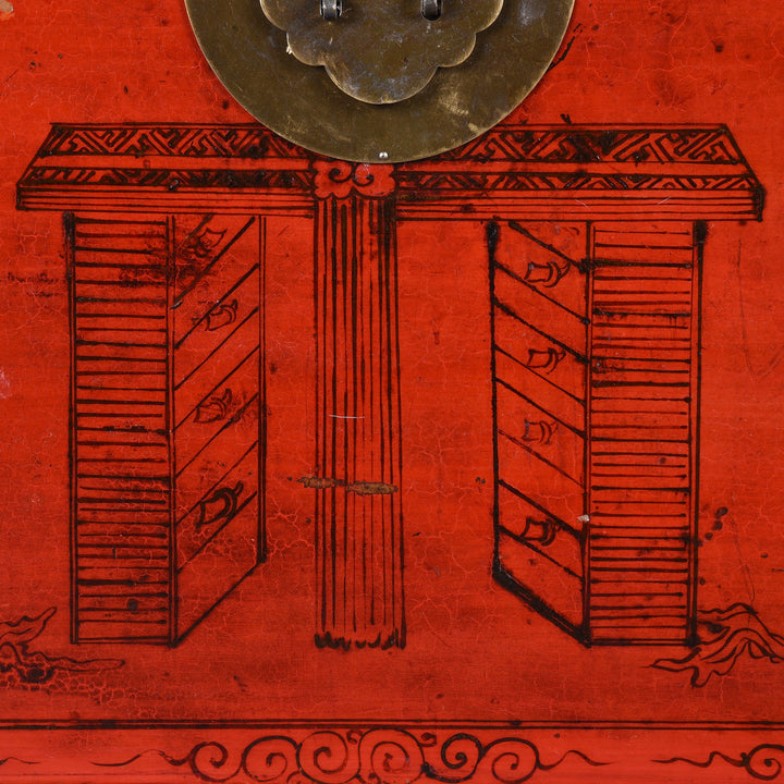 Pagoda detail of a Red Lacquer Chinese Chest From Gansu - 19thC | Indigo Antiques