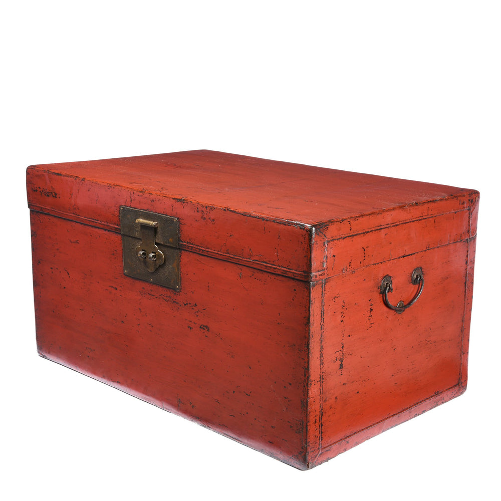 Side detail of a Chinese Red Lacquer Leather Trunk From Shanghai - Ca 1920 | Indigo Antiques