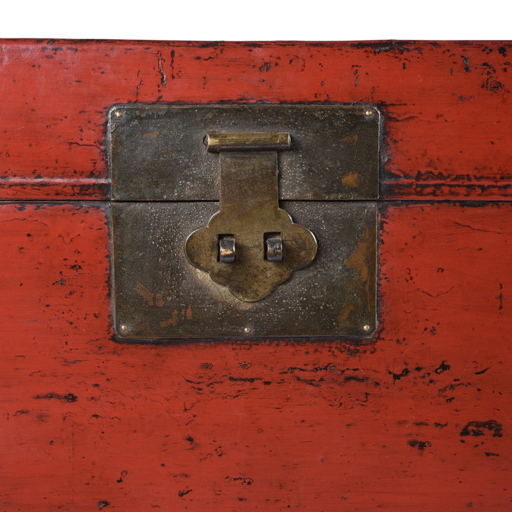 Brass Lock Plate Detail of a Chinese Red Lacquer Leather Trunk From Shanghai - Ca 1920 | Indigo Antiques