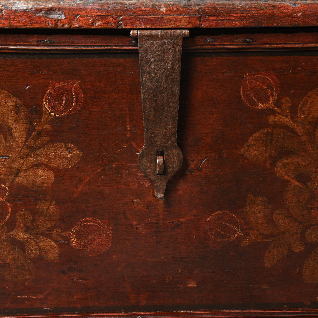 Iron Lock Detail For an Antique Painted Wooden Indian Chest From South India With Original Floral Paint - 19th Century | Indigo Oriental Antiques