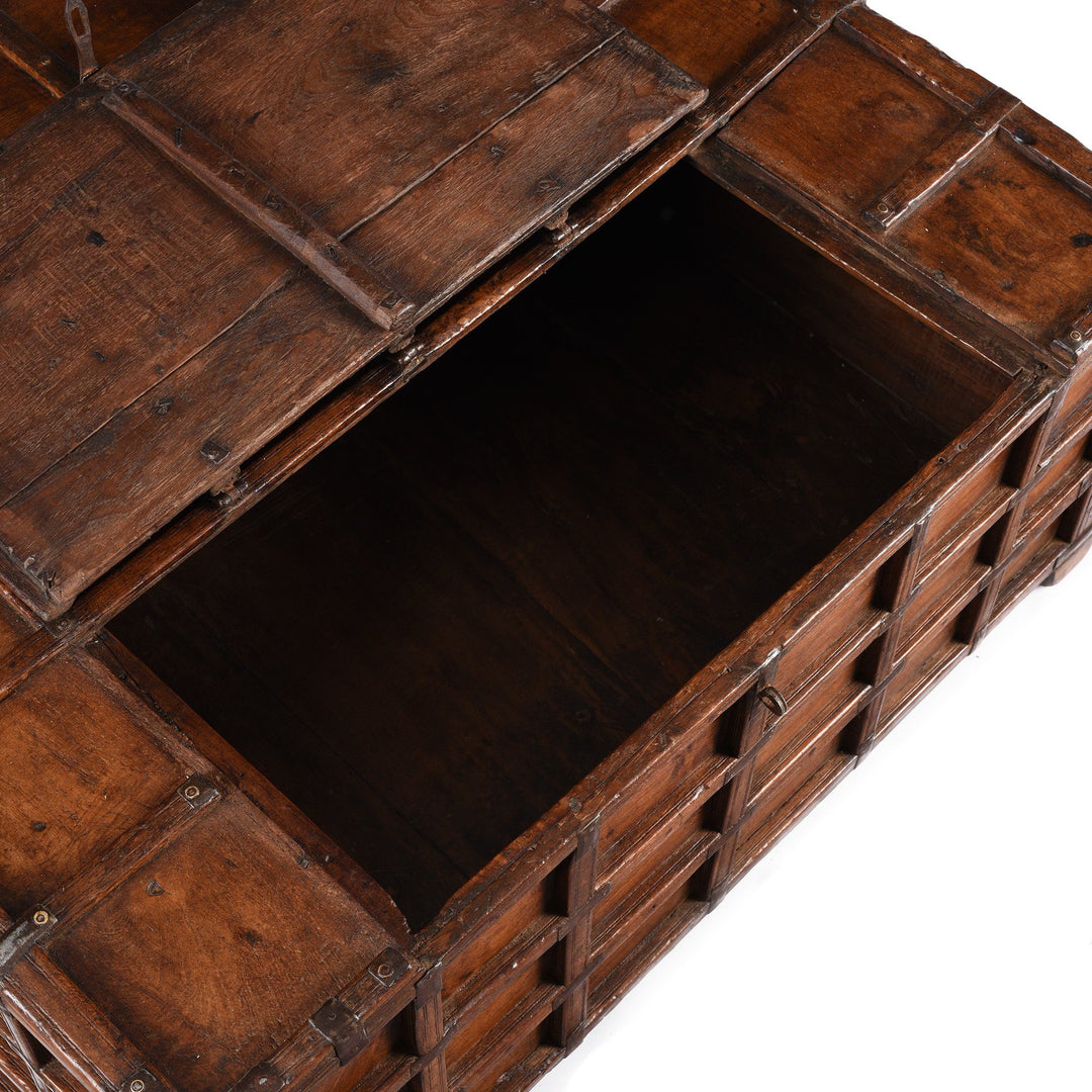 Open Hatch Detail from an Antique Indian Teak Stick Box Coffee Table From Rajasthan - 19thC | Indigo Antiques