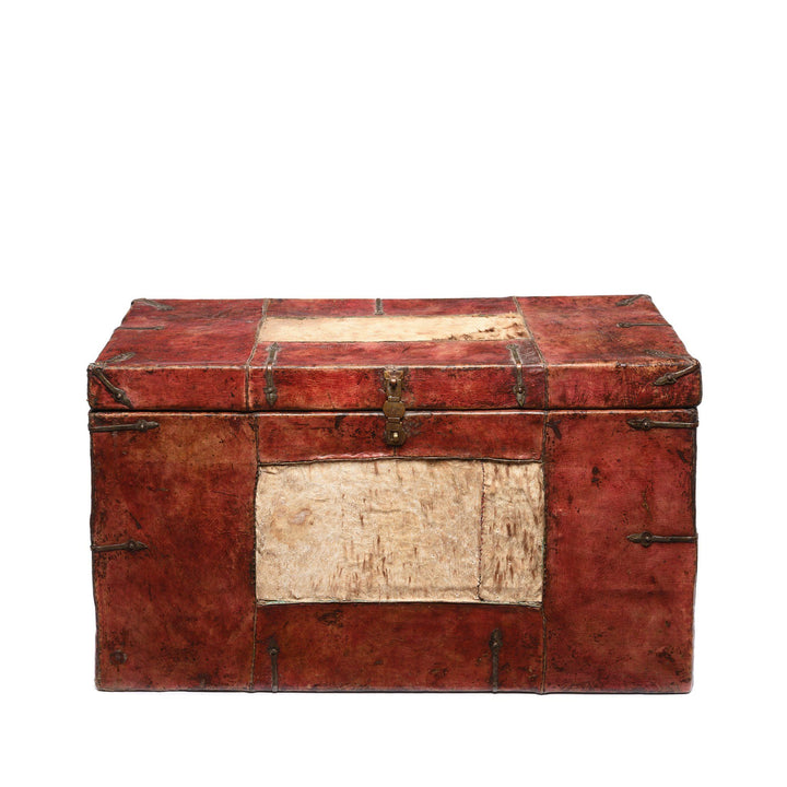 Antique Tibetan Yak Leather & Snow Leopard Skin Trunk from Tibet - 19thC