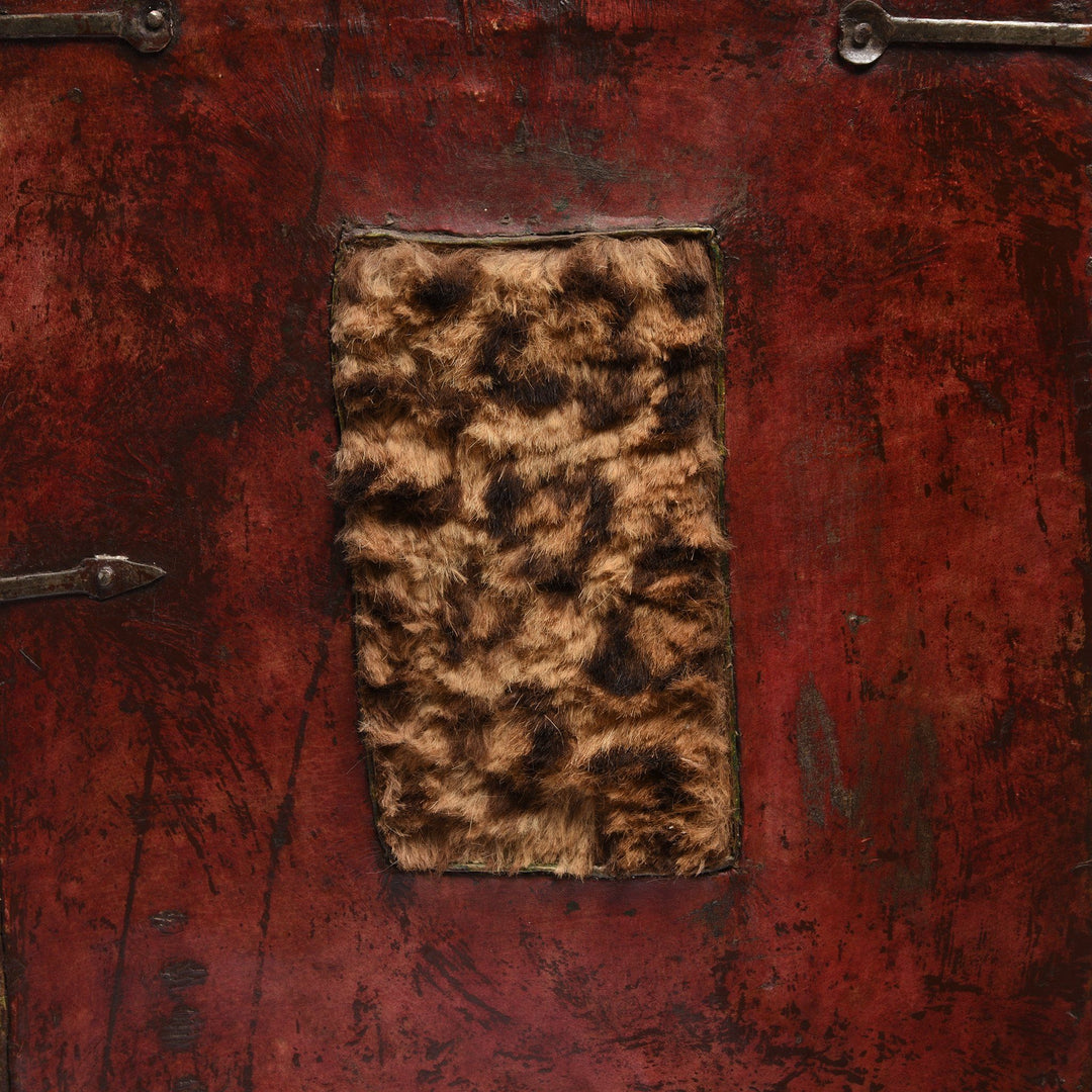 Antique Tibetan Yak Leather & Snow Leopard Skin Trunk from Tibet - 19thC