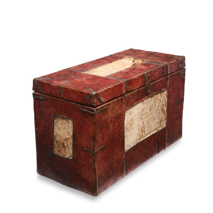 Antique Tibetan Yak Leather & Snow Leopard Skin Trunk from Tibet - 19thC