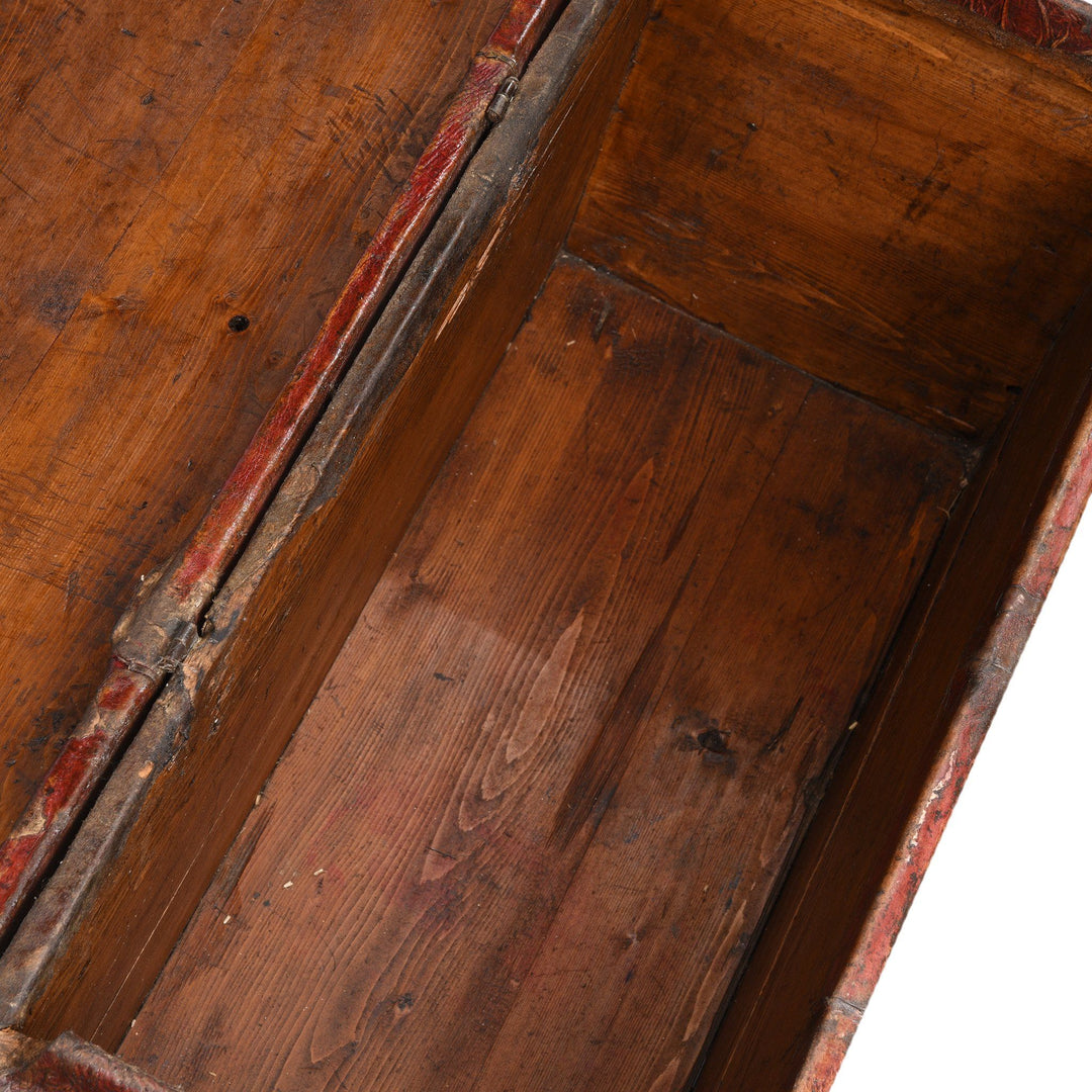 Antique Tibetan Yak Leather & Snow Leopard Skin Trunk from Tibet - 19thC