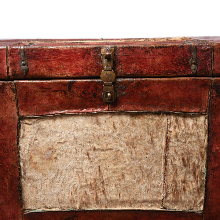 Antique Tibetan Yak Leather & Snow Leopard Skin Trunk from Tibet - 19thC