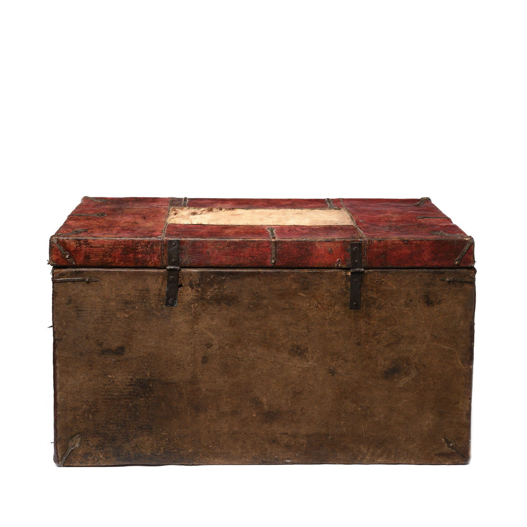 Antique Tibetan Yak Leather & Snow Leopard Skin Trunk from Tibet - 19thC