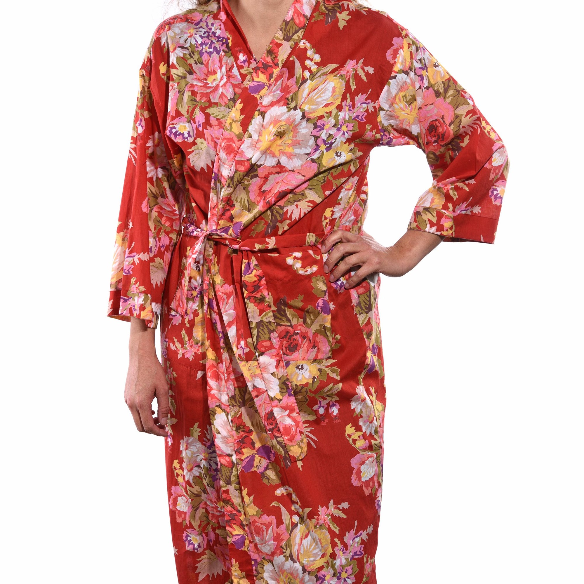  Indian - Fine - Cotton - Printed - Shanghai - Floral - Red - Bath - Robe - Unisex - 100% 