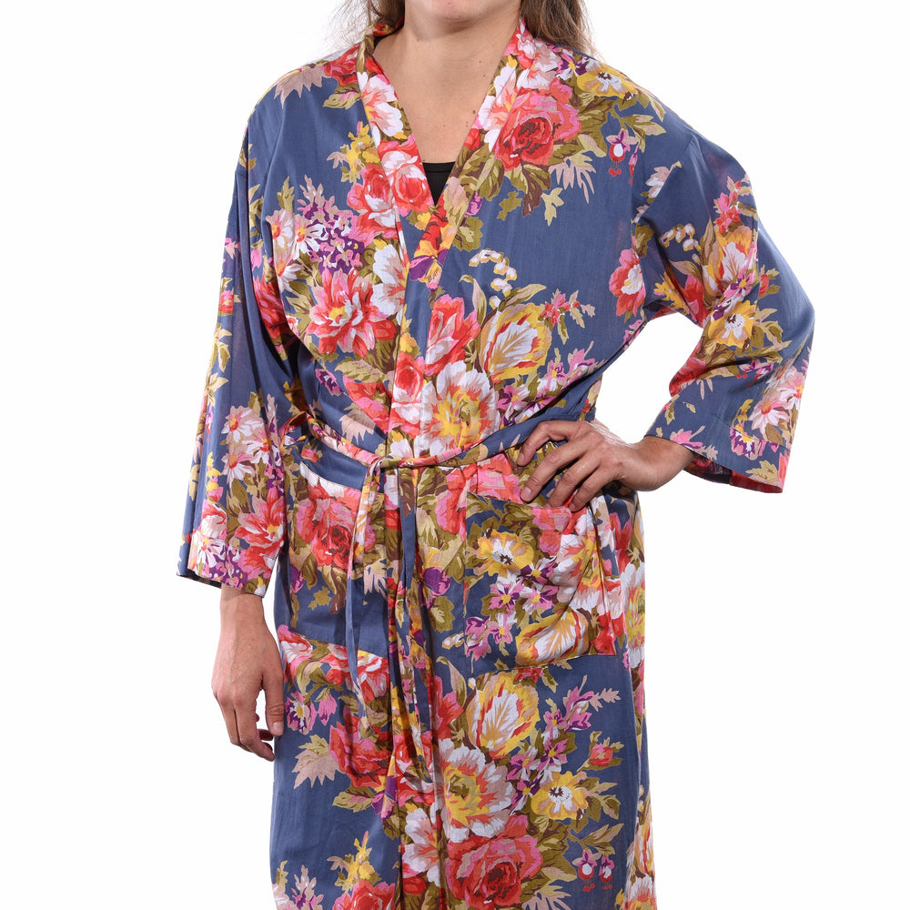  Indian - Fine - Cotton - Printed - Shanghai - Floral - Blue - Bath - Robe - Unisex - 100% 